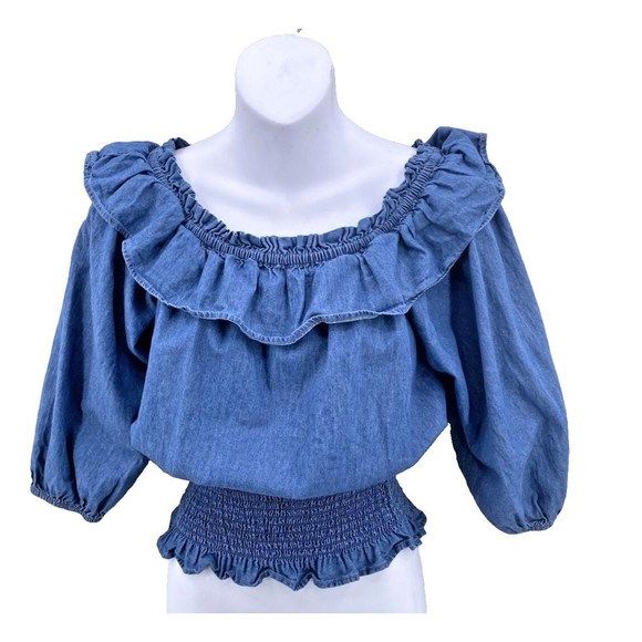Retro 70s Chambray Top M Denim Blue On or Off Shoulder Wide Ruched Waist Ruffle - Picture 1 of 12